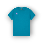 A teal blue short-sleeve crewneck t-shirt with a small pink 'SH' logo on the left chest, displayed on a clean white background with a soft drop shadow.