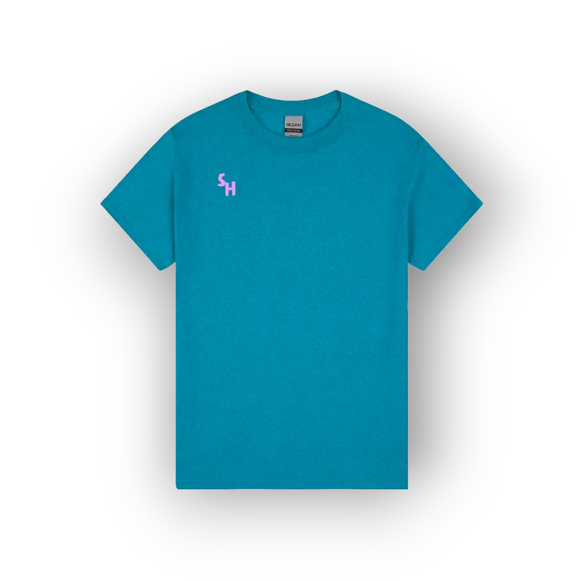 A teal blue short-sleeve crewneck t-shirt with a small pink 'SH' logo on the left chest, displayed on a clean white background with a soft drop shadow.
