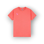 A coral pink crewneck t-shirt with a small pink 'SH' monogram logo on the left chest, displayed on a clean white background with a soft drop shadow.