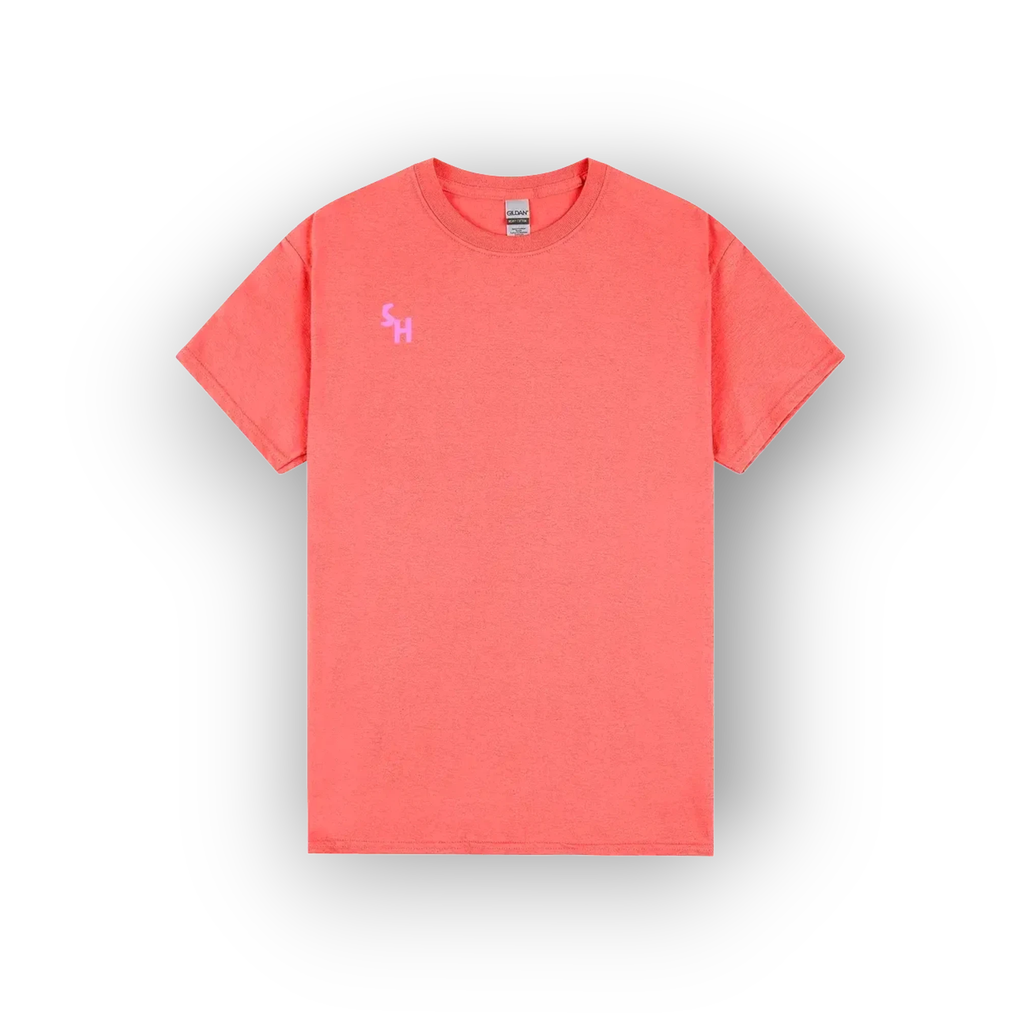 A coral pink crewneck t-shirt with a small pink 'SH' monogram logo on the left chest, displayed on a clean white background with a soft drop shadow.