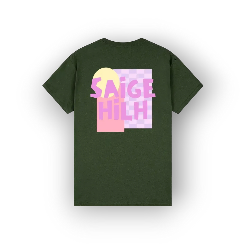 A dark green short-sleeve t-shirt with a colorful graphic on the front featuring the text 'SAIGE HILH' in pink over a pastel yellow and pink checkerboard background, displayed on a clean white background.