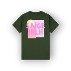 A dark green short-sleeve t-shirt with a colorful graphic on the front featuring the text 'SAIGE HILH' in pink over a pastel yellow and pink checkerboard background, displayed on a clean white background.