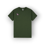 An olive green short-sleeve t-shirt with a small pink embroidered 'SH' logo on the left chest, displayed on a clean white background with a soft drop shadow.