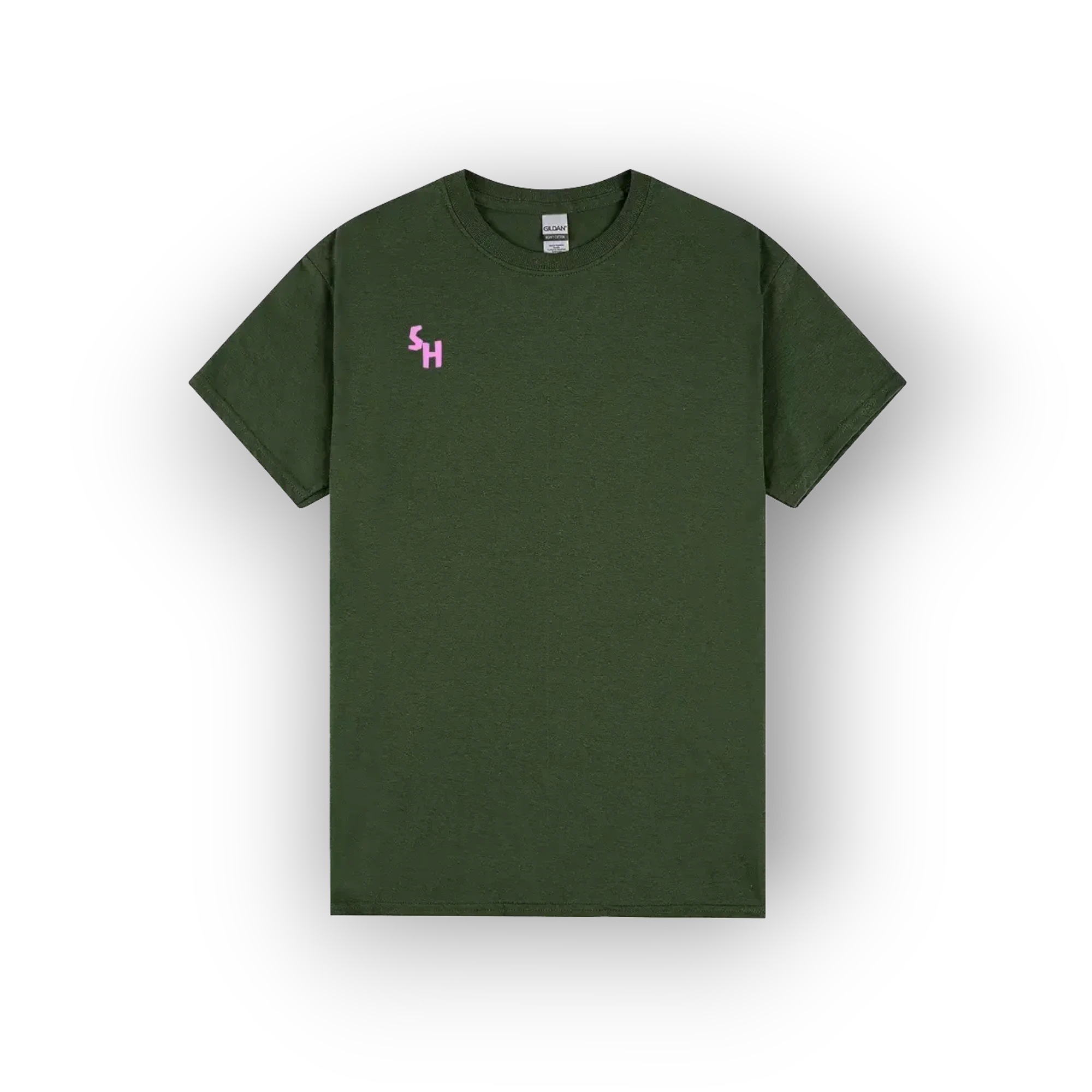 An olive green short-sleeve t-shirt with a small pink embroidered 'SH' logo on the left chest, displayed on a clean white background with a soft drop shadow.