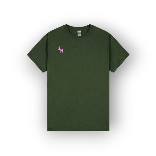 An olive green short-sleeve t-shirt with a small pink embroidered 'SH' logo on the left chest, displayed on a clean white background with a soft drop shadow.