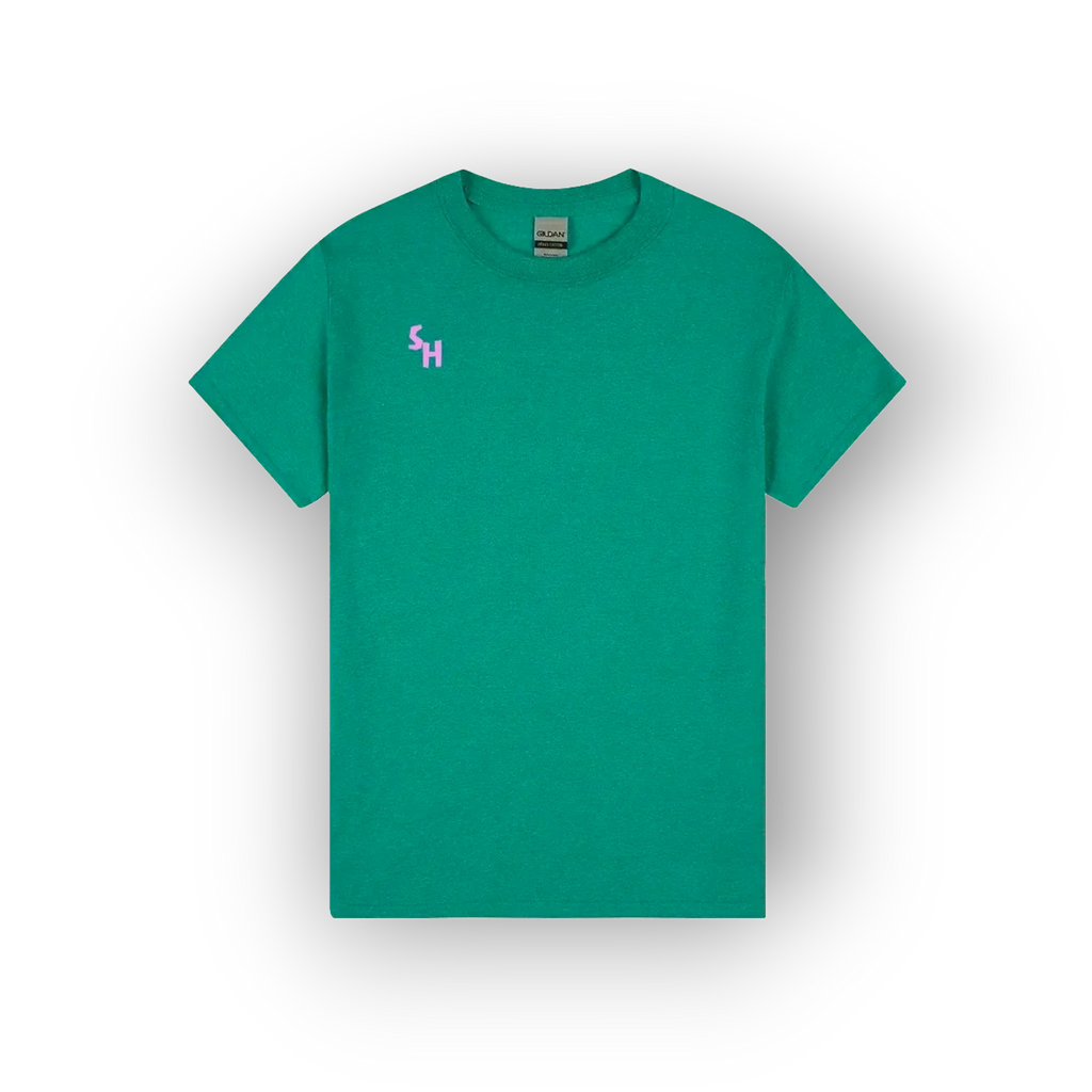A green short-sleeve crewneck t-shirt with a small pink embroidered 'SH' logo on the left chest, displayed on a clean white background with a soft drop shadow.