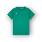 A green short-sleeve crewneck t-shirt with a small pink embroidered 'SH' logo on the left chest, displayed on a clean white background with a soft drop shadow.