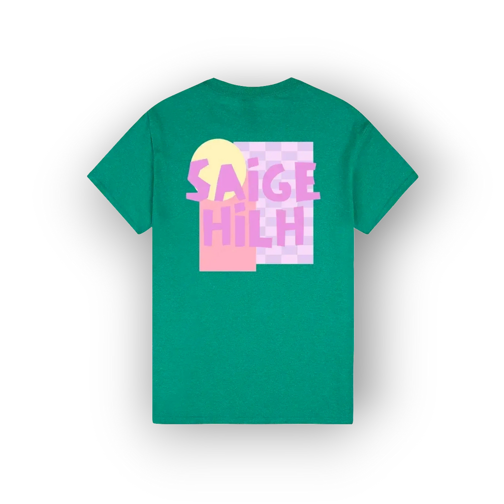 A green short-sleeve t-shirt shown from the back, featuring a colorful graphic print with the text 'SAIGE HILH' in pink over a pastel yellow and pink geometric design.