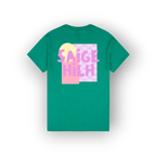 A green short-sleeve t-shirt shown from the back, featuring a colorful graphic print with the text 'SAIGE HILH' in pink over a pastel yellow and pink geometric design.