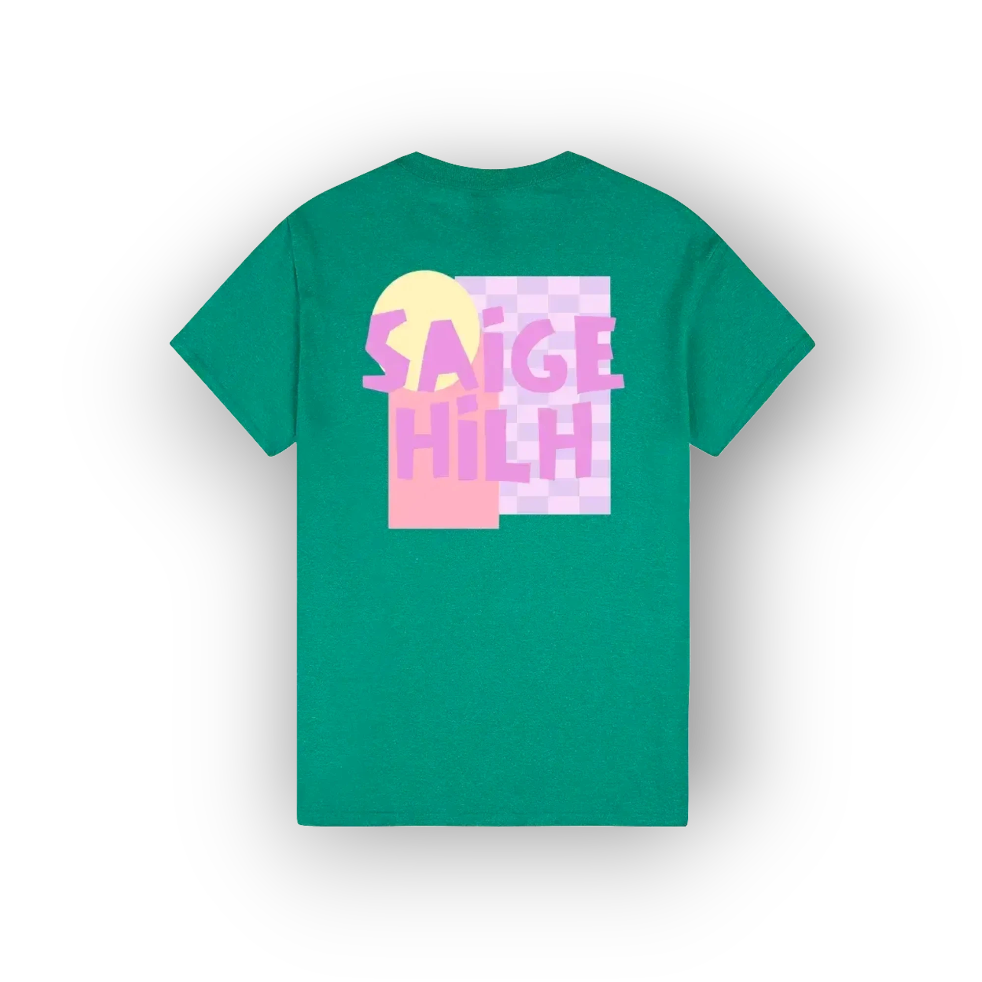 A green short-sleeve t-shirt shown from the back, featuring a colorful graphic print with the text 'SAIGE HILH' in pink over a pastel yellow and pink geometric design.
