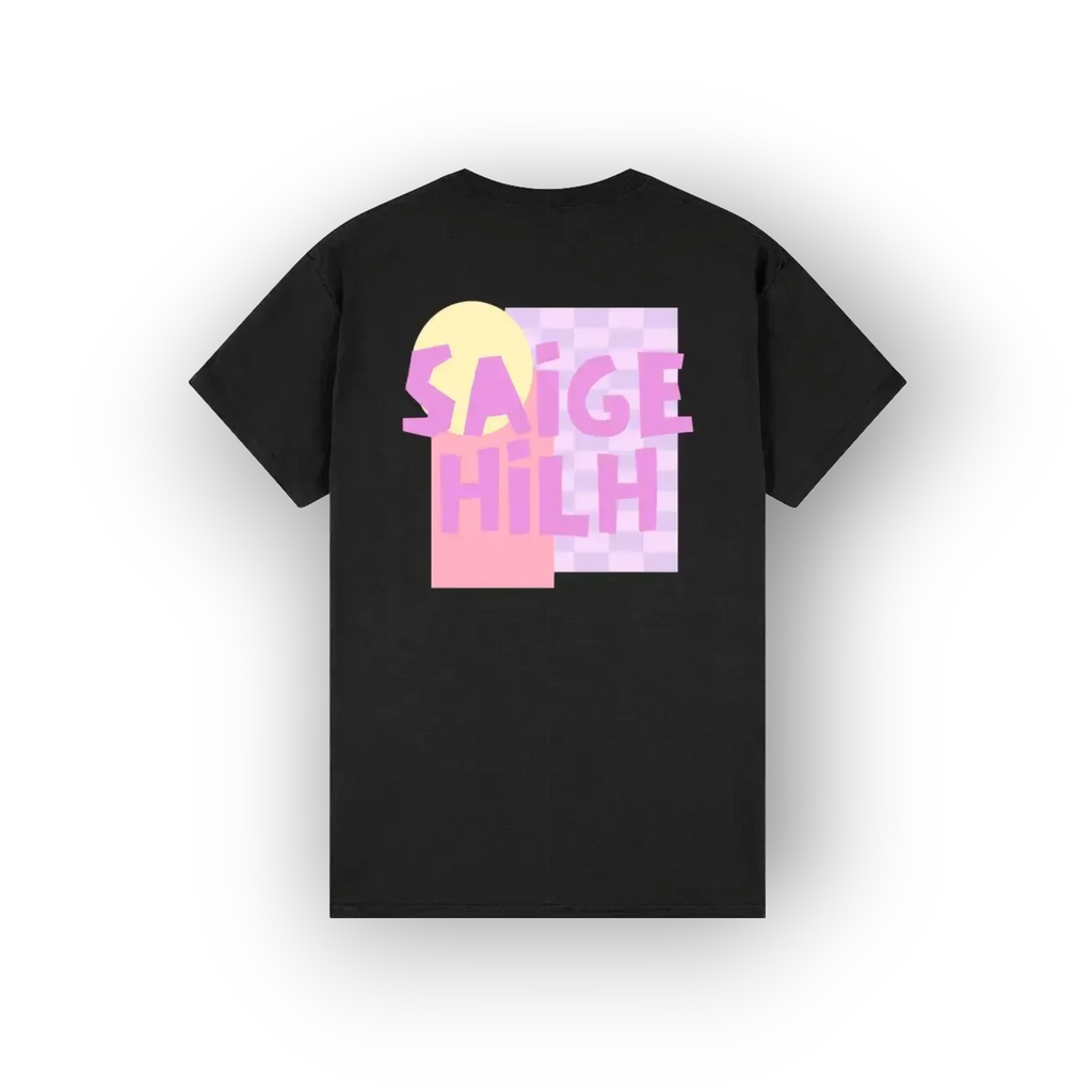 A black short-sleeve t-shirt with a colorful graphic on the front featuring the text 'SAIGE HILH' in pink over a pastel yellow and pink checkerboard background, displayed on a clean white background.