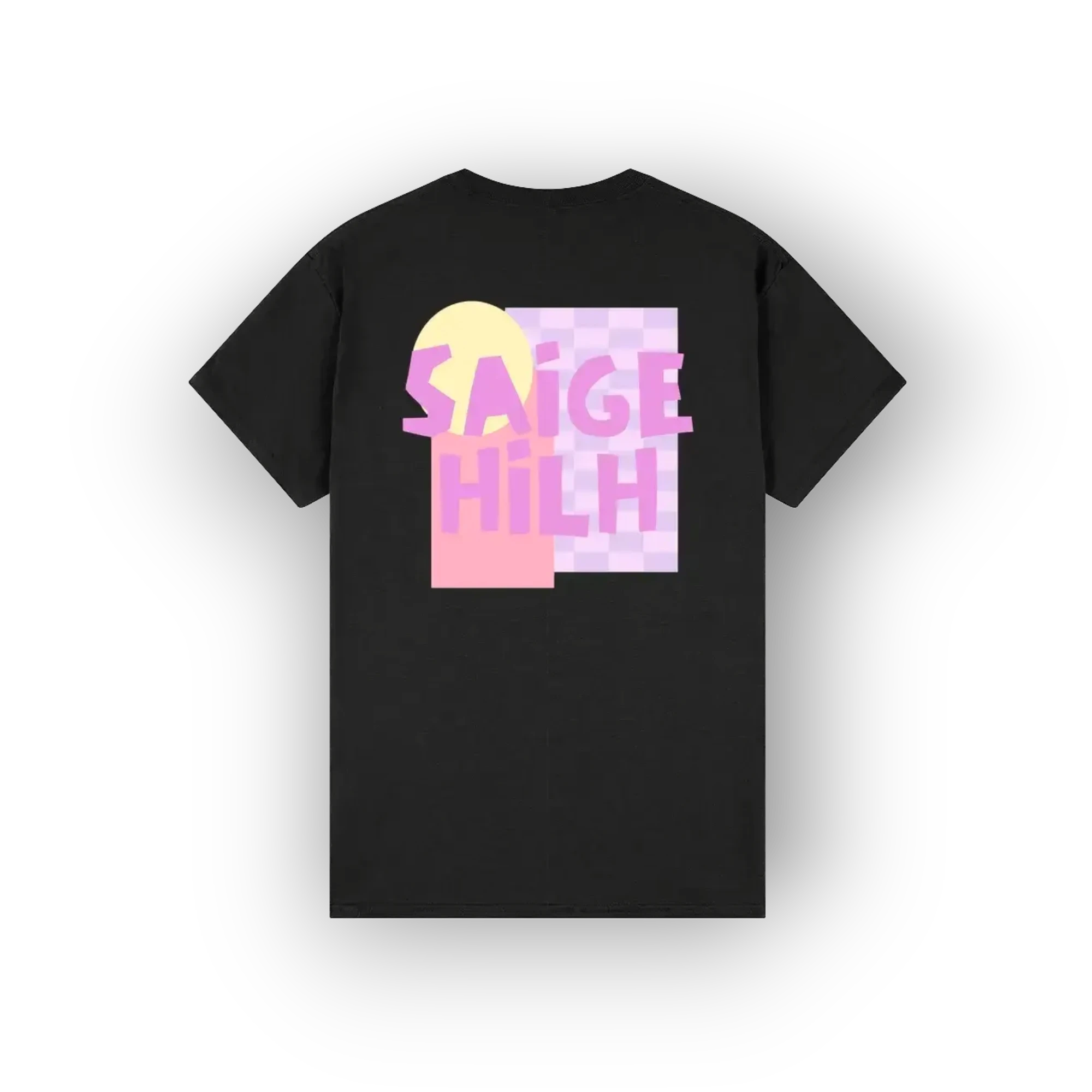 A black short-sleeve t-shirt with a colorful graphic on the front featuring the text 'SAIGE HILH' in pink over a pastel yellow and pink checkerboard background, displayed on a clean white background.