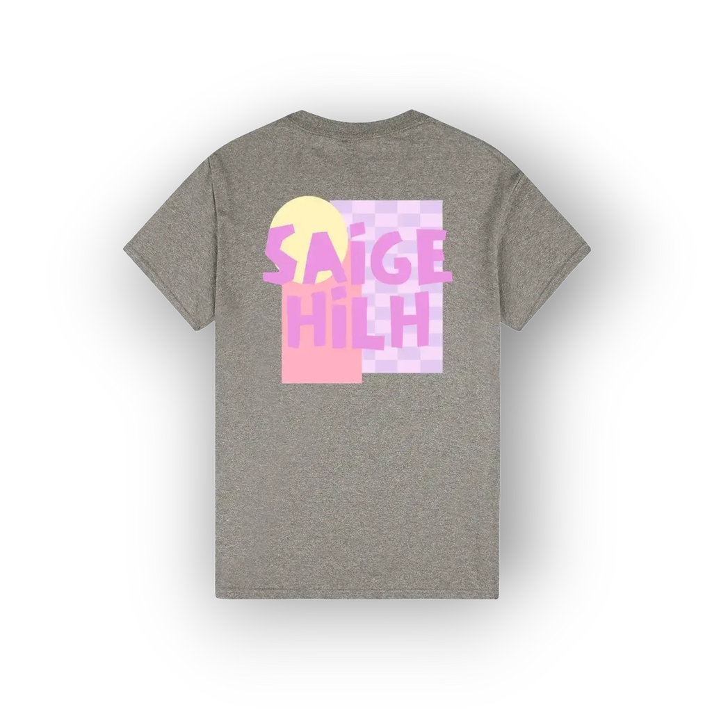 A heather gray short-sleeve t-shirt shown from the back, featuring a colorful graphic print with the text 'SAIGE HILH' in pink over a yellow circle and pink-and-white checkered square.