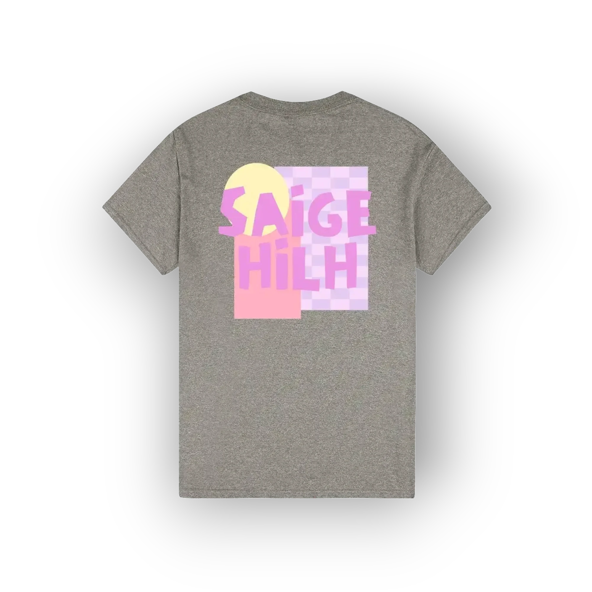 A heather gray short-sleeve t-shirt shown from the back, featuring a colorful graphic print with the text 'SAIGE HILH' in pink over a yellow circle and pink-and-white checkered square.