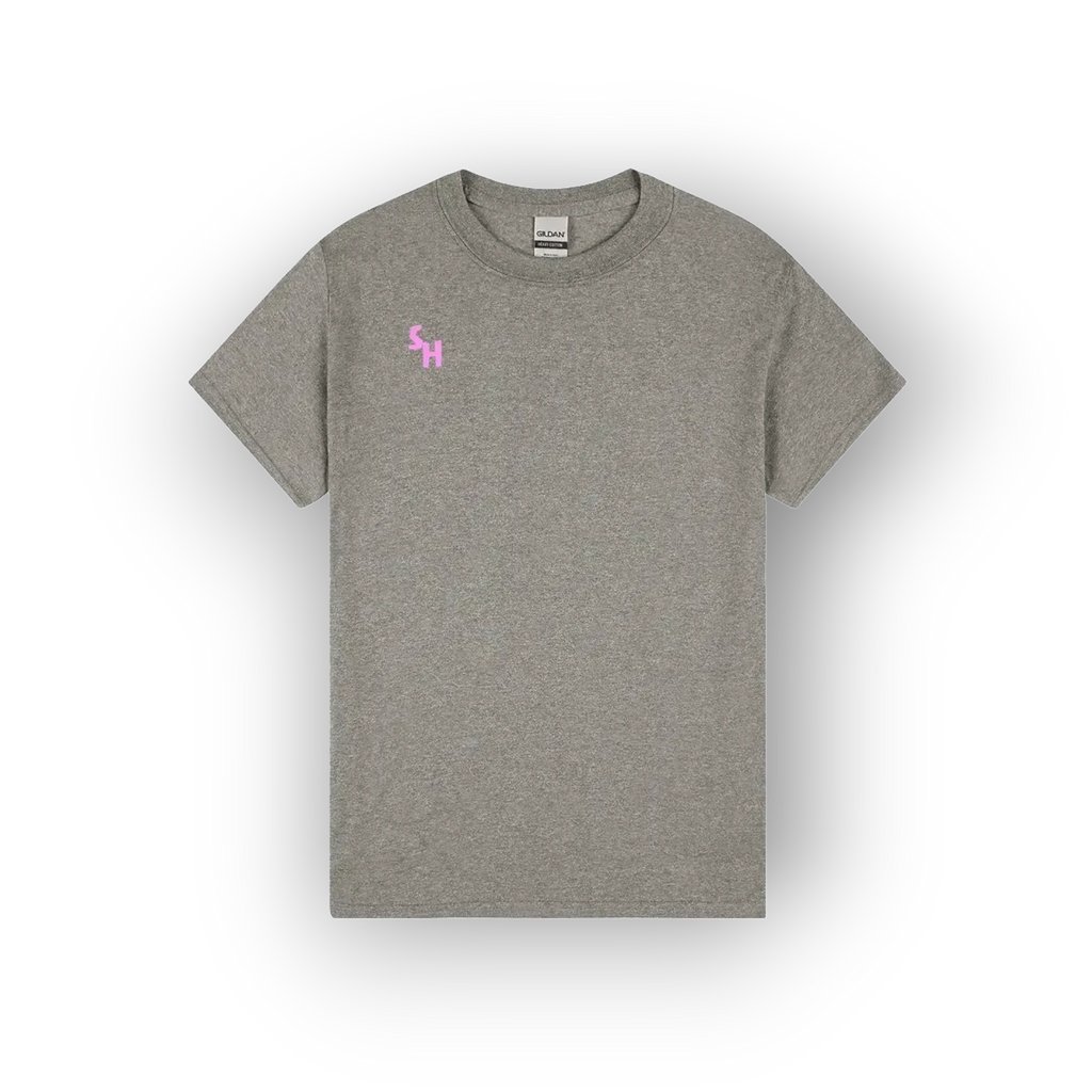 A heather gray crewneck t-shirt with a small pink embroidered 'SH' logo on the left chest, displayed on a clean white background with a soft drop shadow.