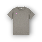A heather gray crewneck t-shirt with a small pink embroidered 'SH' logo on the left chest, displayed on a clean white background with a soft drop shadow.