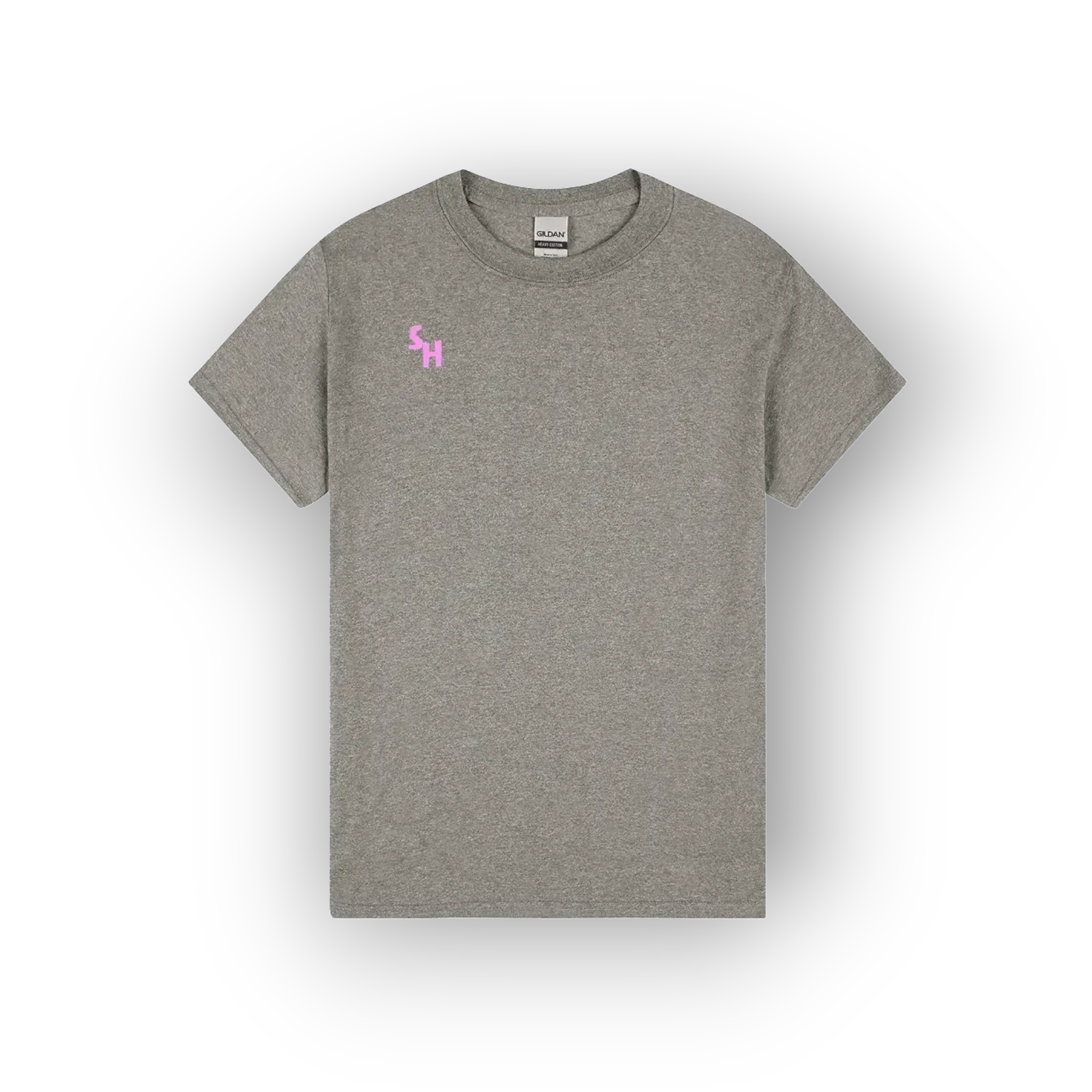 A heather gray crewneck t-shirt with a small pink embroidered 'SH' logo on the left chest, displayed on a clean white background with a soft drop shadow.