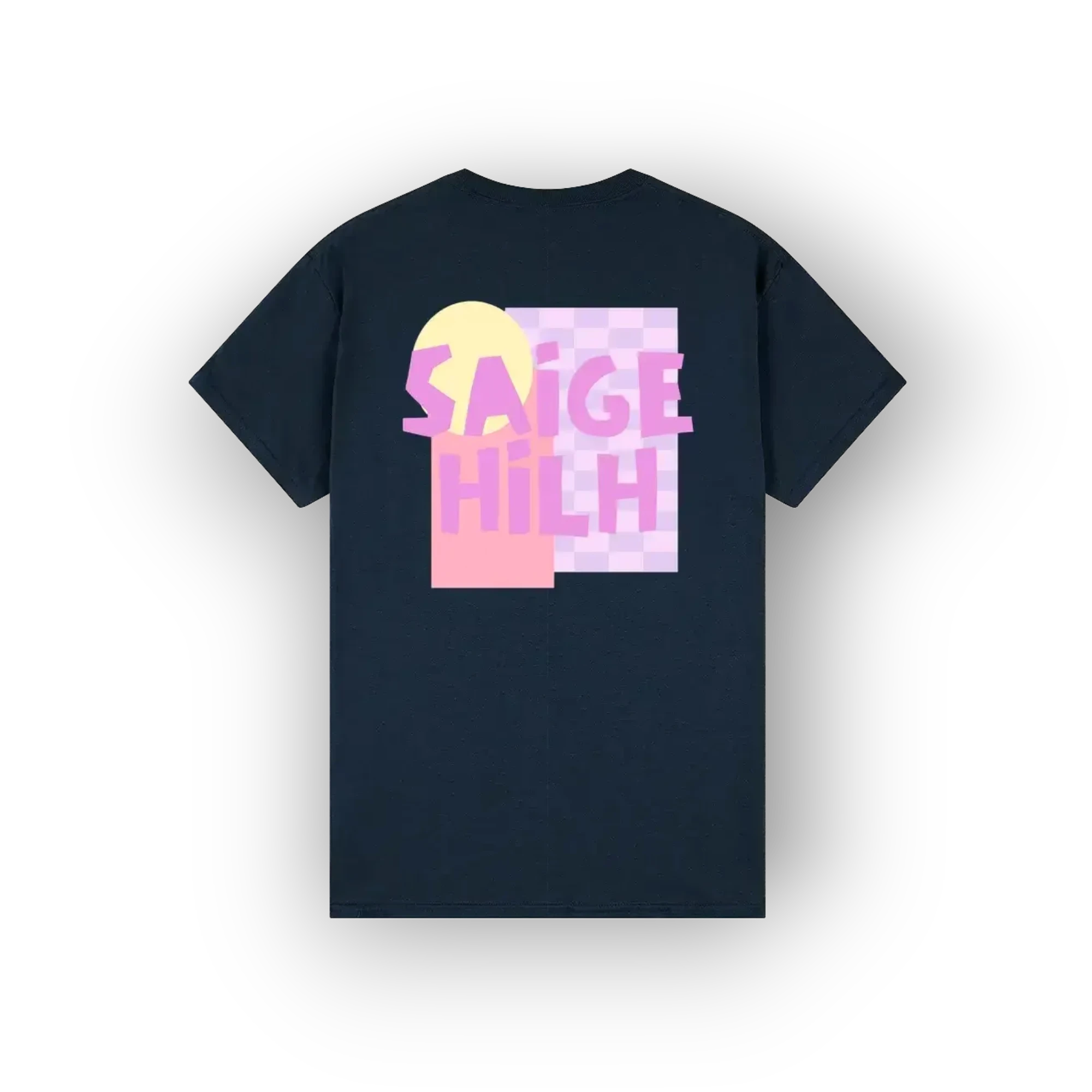 A dark navy blue t-shirt with a colorful graphic print on the front. The graphic features the text 'SAIGE HILH' in pink over a pastel yellow and pink checkerboard pattern, set against a clean white background.