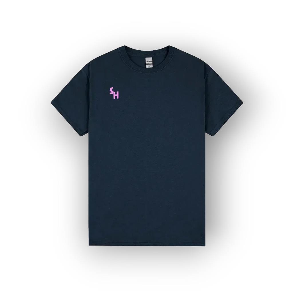 A dark navy blue short-sleeve crewneck t-shirt with a small pink embroidered 'SH' logo on the left chest, displayed against a clean white background.