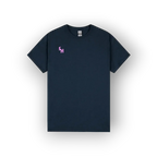 A dark navy blue short-sleeve crewneck t-shirt with a small pink embroidered 'SH' logo on the left chest, displayed against a clean white background.