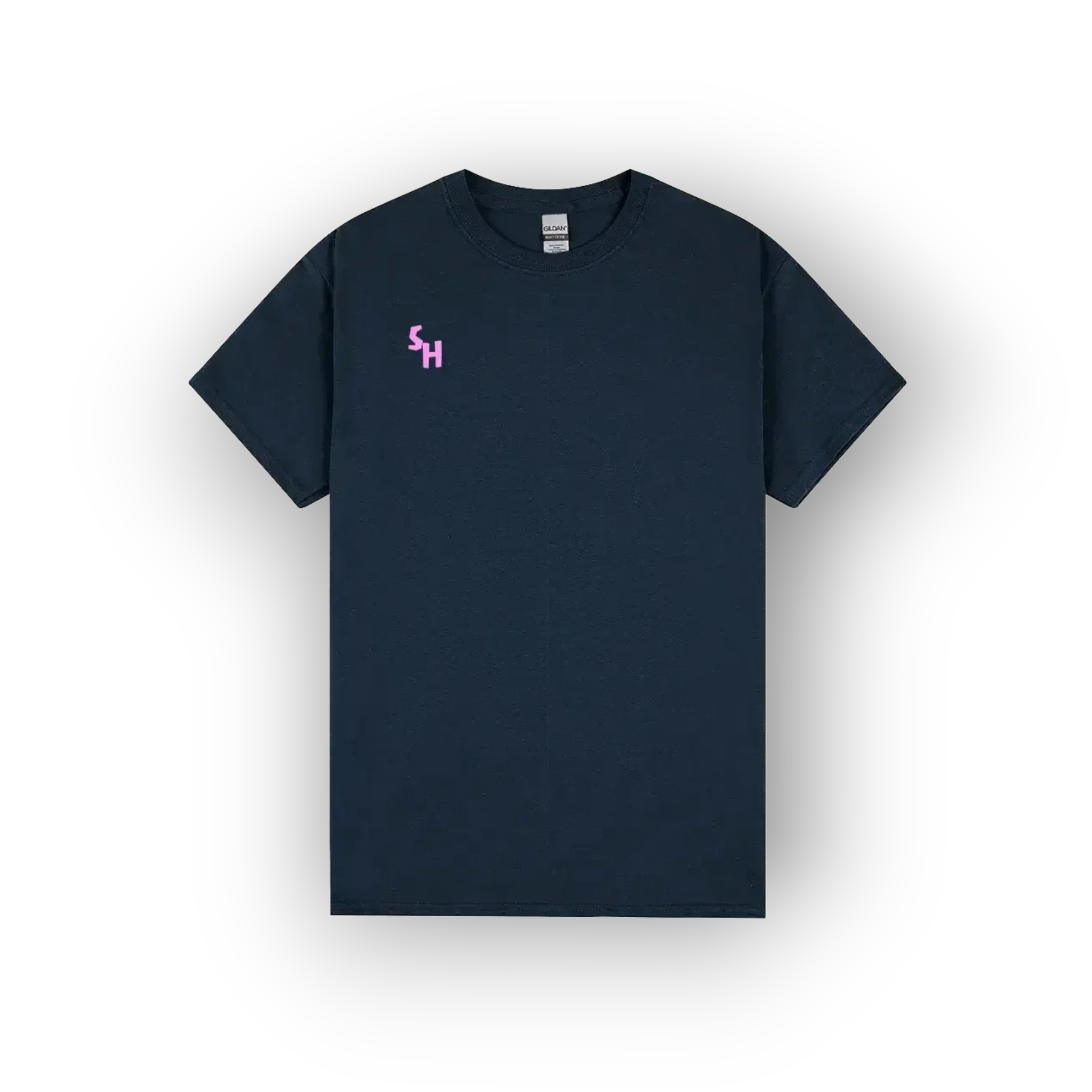 A dark navy blue short-sleeve crewneck t-shirt with a small pink embroidered 'SH' logo on the left chest, displayed against a clean white background.