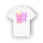 A white short-sleeve t-shirt with a colorful graphic on the chest featuring the text 'SAIGE HILH' in pink over pastel yellow and pink blocks, set against a plain white background.