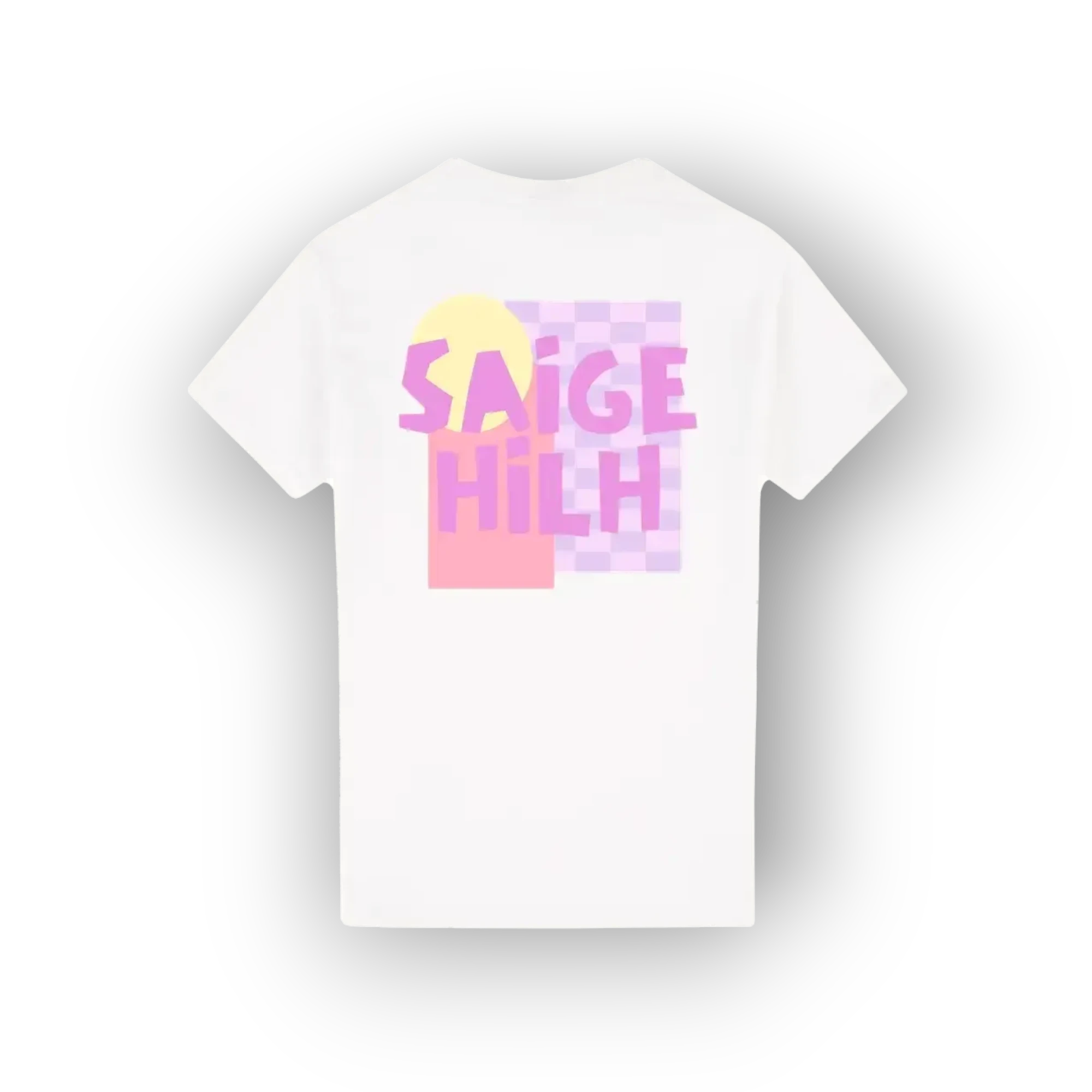 A white short-sleeve t-shirt with a colorful graphic on the chest featuring the text 'SAIGE HILH' in pink over pastel yellow and pink blocks, set against a plain white background.
