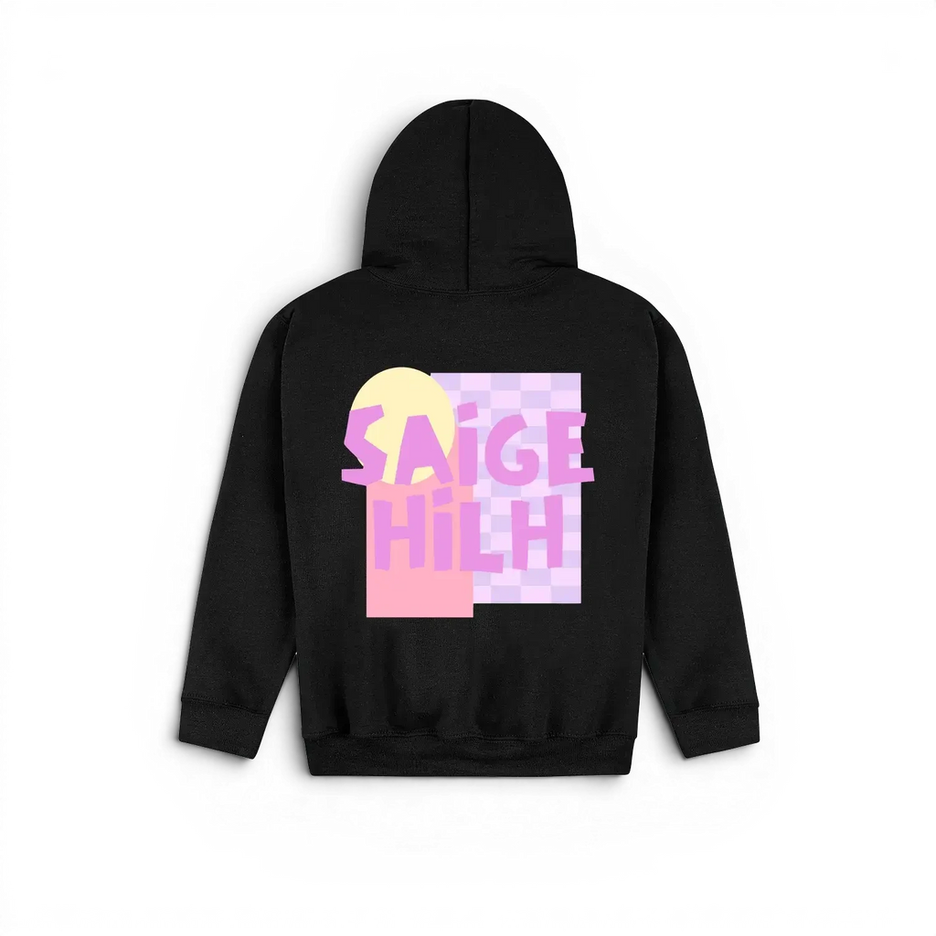A black pullover kids hoodie shown from the back, featuring a colourful graphic print with the text 'SAIGE HILH' in pink over a pastel yellow and lavender checkerboard pattern.