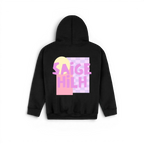 A black pullover kids hoodie shown from the back, featuring a colourful graphic print with the text 'SAIGE HILH' in pink over a pastel yellow and lavender checkerboard pattern.