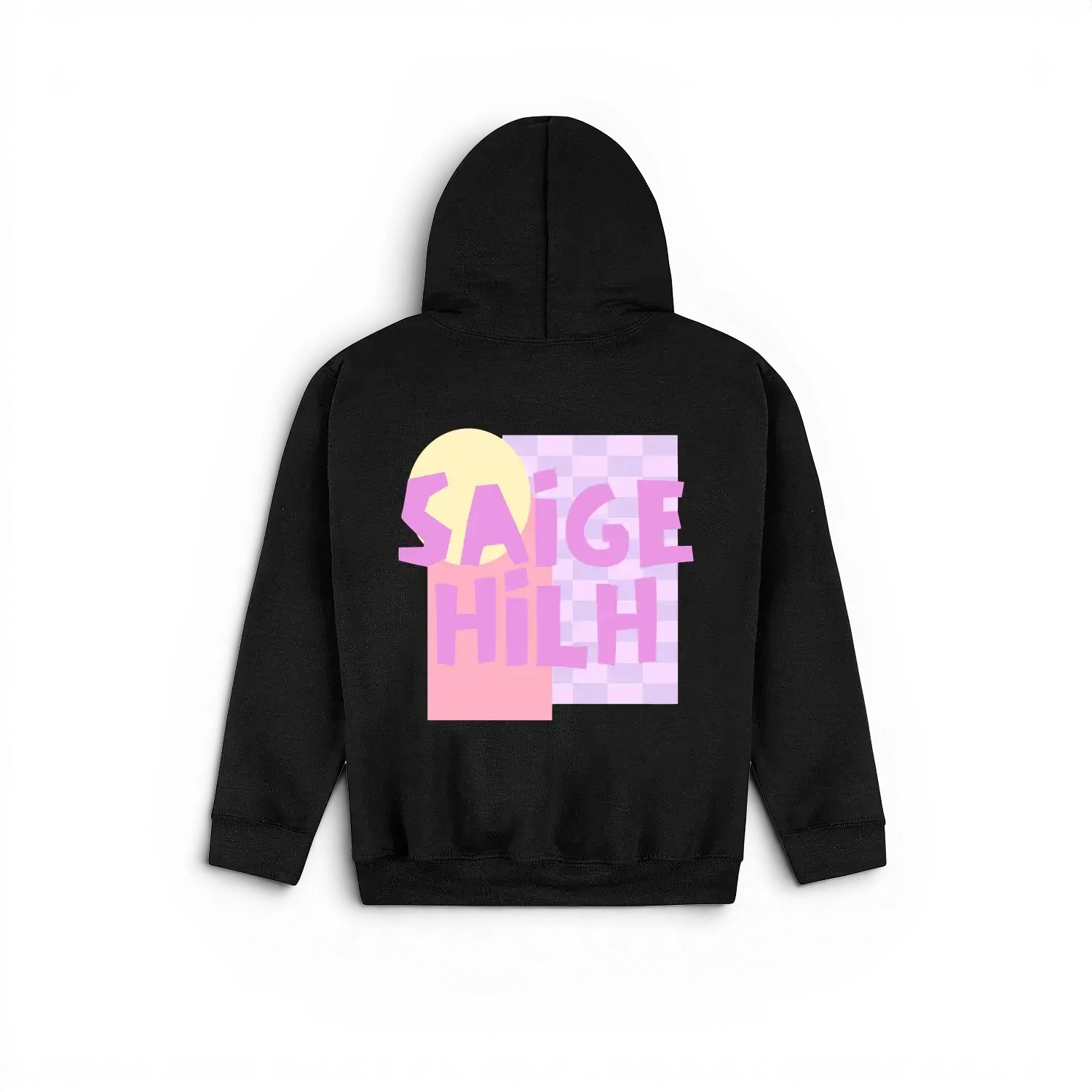 A black pullover kids hoodie shown from the back, featuring a colourful graphic print with the text 'SAIGE HILH' in pink over a pastel yellow and lavender checkerboard pattern.