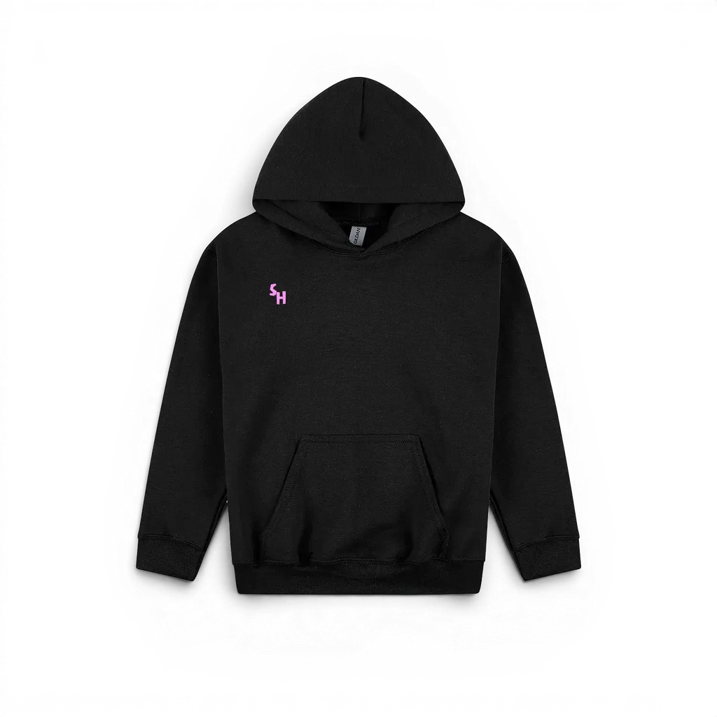 A black pullover kids hoodie with a small pink embroidered 'SH' logo on the left chest, displayed against a solid white background.