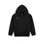 A black pullover kids hoodie with a small pink embroidered 'SH' logo on the left chest, displayed against a solid white background.