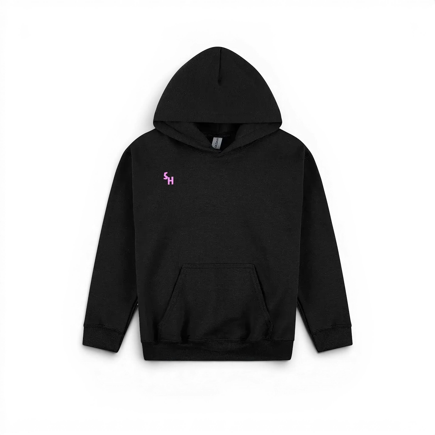A black pullover kids hoodie with a small pink embroidered 'SH' logo on the left chest, displayed against a solid white background.