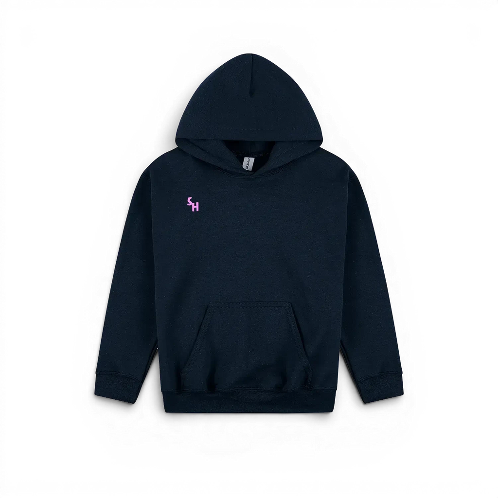 A dark navy blue pullover hoodie with a small pink embroidered 'SH' logo on the left chest, displayed against a solid white background.