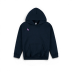 A dark navy blue pullover hoodie with a small pink embroidered 'SH' logo on the left chest, displayed against a solid white background.