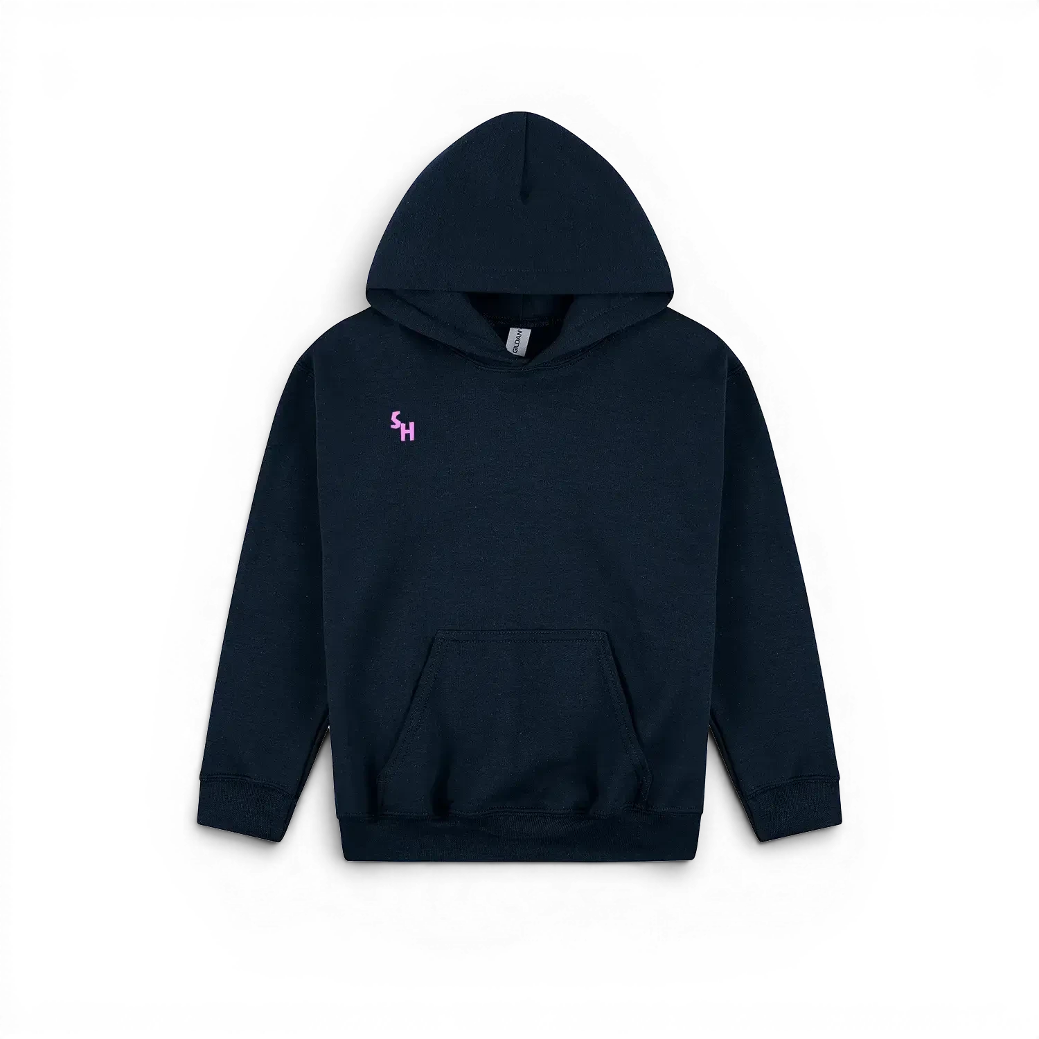 A dark navy blue pullover hoodie with a small pink embroidered 'SH' logo on the left chest, displayed against a solid white background.