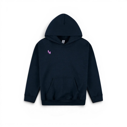 A dark navy blue pullover hoodie with a small pink embroidered 'SH' logo on the left chest, displayed against a solid white background.