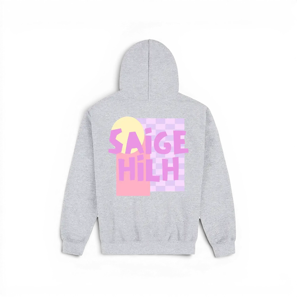 A light heather gray kids hoodie shown from the back, featuring a colorful graphic print with the text 'SAIGE HILH' in pink and yellow over a pastel checkerboard and circle design.