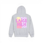 A light heather gray kids hoodie shown from the back, featuring a colorful graphic print with the text 'SAIGE HILH' in pink and yellow over a pastel checkerboard and circle design.