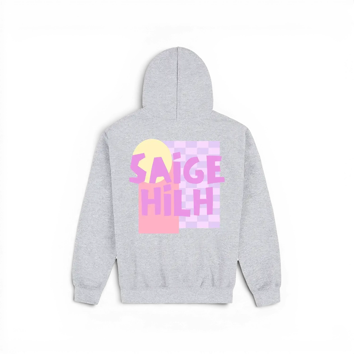 A light heather gray kids hoodie shown from the back, featuring a colorful graphic print with the text 'SAIGE HILH' in pink and yellow over a pastel checkerboard and circle design.