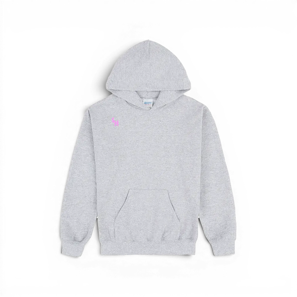 A light grey heather pullover kids hoodie with a small pink embroidered polo player logo on the left chest, displayed flat against a white background.