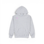 A light grey heather pullover kids hoodie with a small pink embroidered polo player logo on the left chest, displayed flat against a white background.