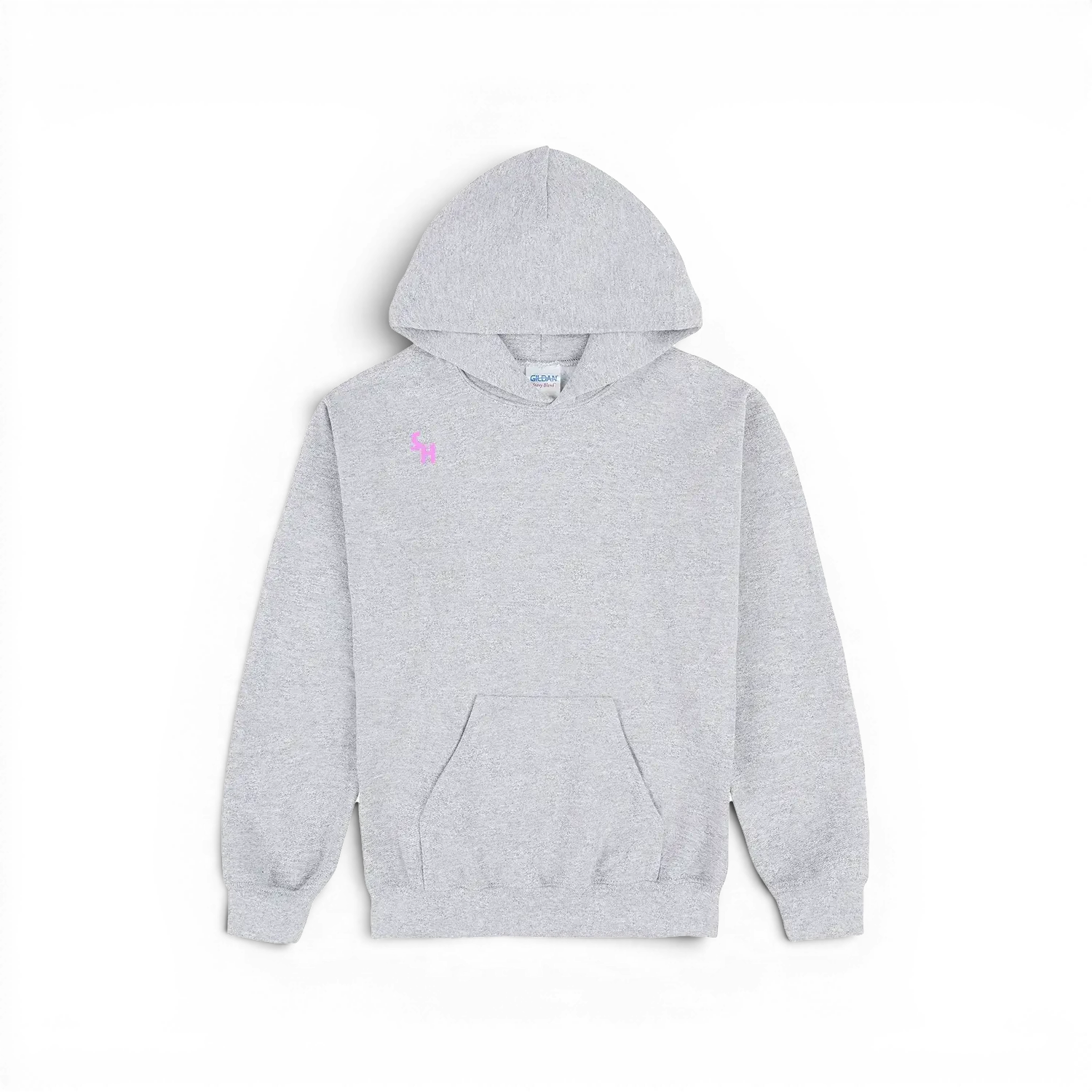 A light grey heather pullover kids hoodie with a small pink embroidered polo player logo on the left chest, displayed flat against a white background.
