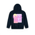 A navy blue kids hoodie shown from the back, featuring a colourful graphic print with the text 'SAIGE HILH' in pink over a pastel yellow and pink geometric background.