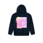 A navy blue kids hoodie shown from the back, featuring a colourful graphic print with the text 'SAIGE HILH' in pink over a pastel yellow and pink geometric background.