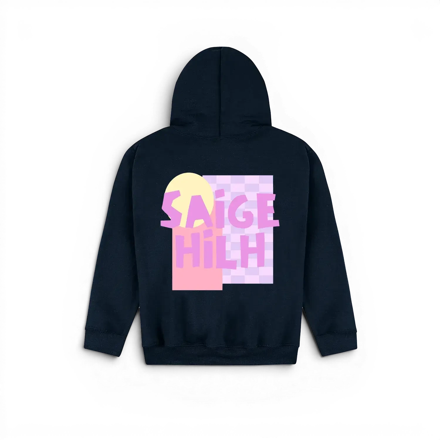 A navy blue kids hoodie shown from the back, featuring a colourful graphic print with the text 'SAIGE HILH' in pink over a pastel yellow and pink geometric background.