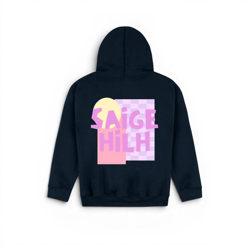A navy blue kids hoodie shown from the back, featuring a colourful graphic print with the text 'SAIGE HILH' in pink over a pastel yellow and pink geometric background.
