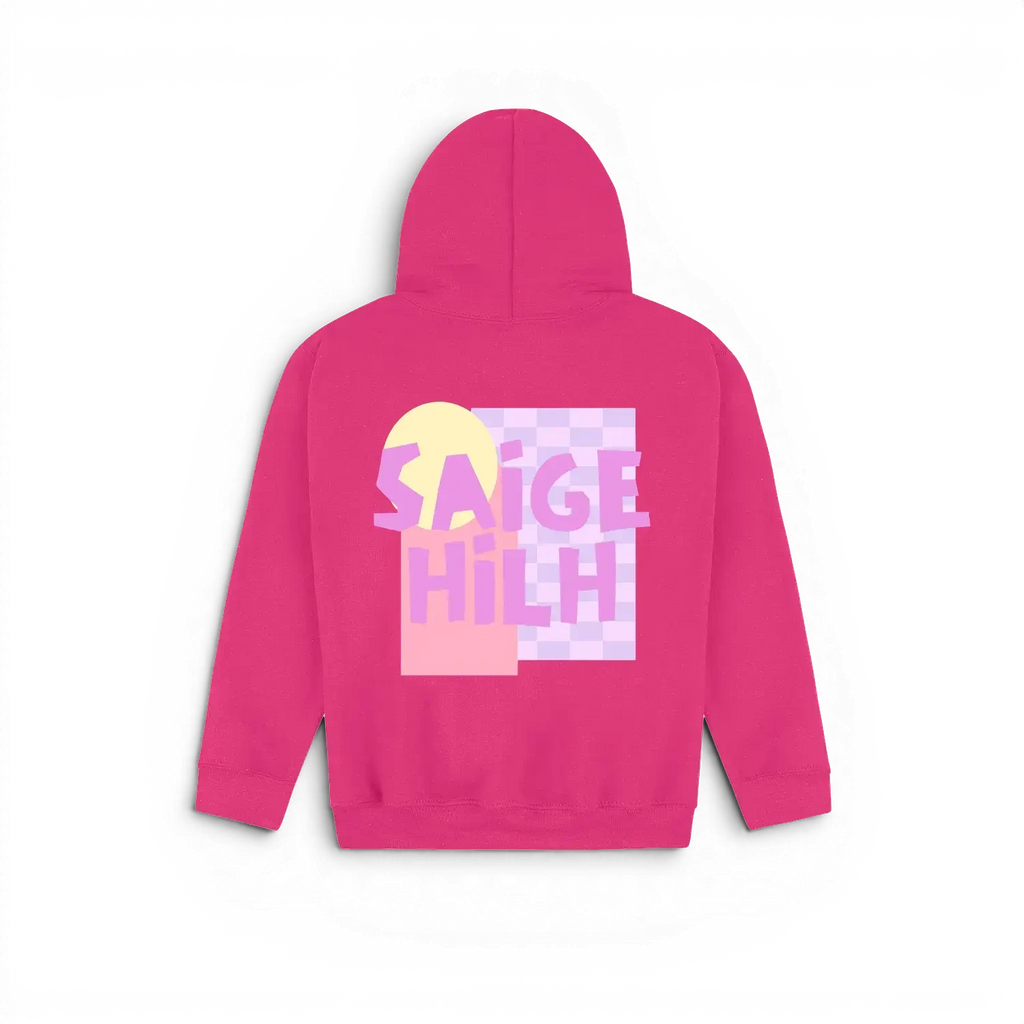 A bright pink kids hoodie shown from the back, featuring a colourful graphic print with the text 'SAIGE HILH' in pink over a yellow sun and checkerboard pattern.