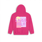 A bright pink kids hoodie shown from the back, featuring a colourful graphic print with the text 'SAIGE HILH' in pink over a yellow sun and checkerboard pattern.