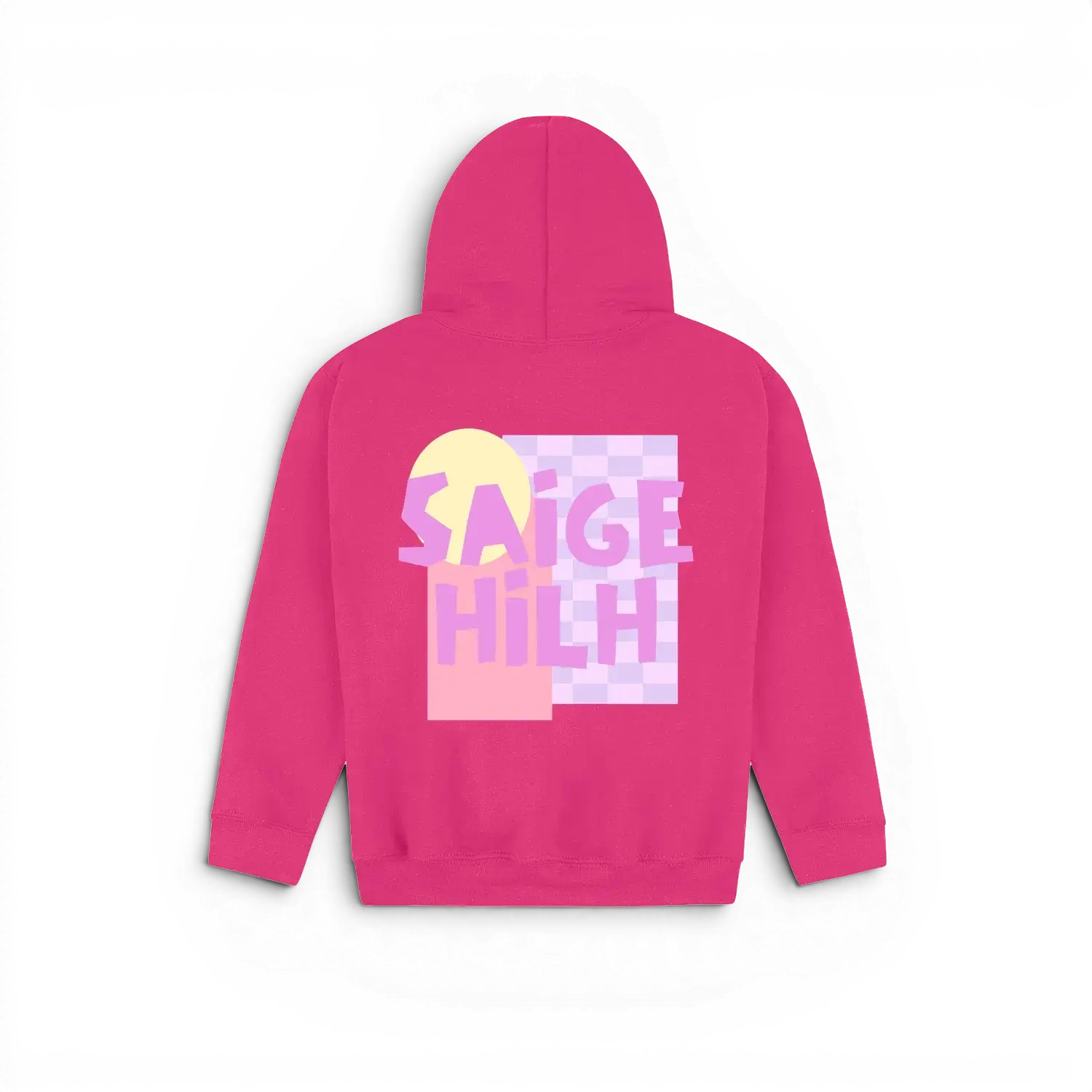 A bright pink kids hoodie shown from the back, featuring a colourful graphic print with the text 'SAIGE HILH' in pink over a yellow sun and checkerboard pattern.